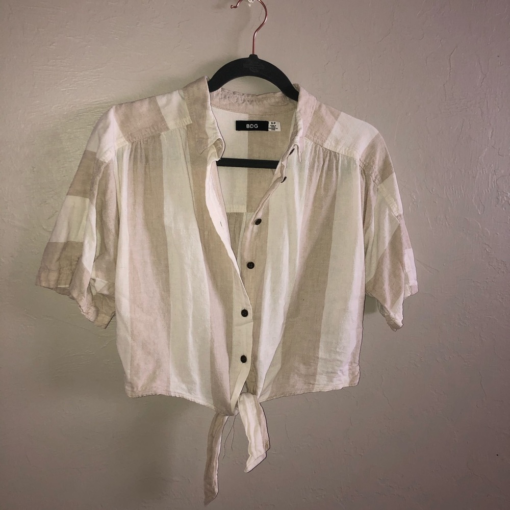 Cropped Tie Up Striped Button Up Collard Shirt